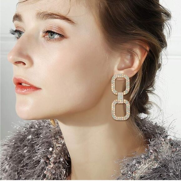 Yellow Gold with Iridescent AB Austrian Crystal Double Link Post Back Earrings - Picture 3 of 5